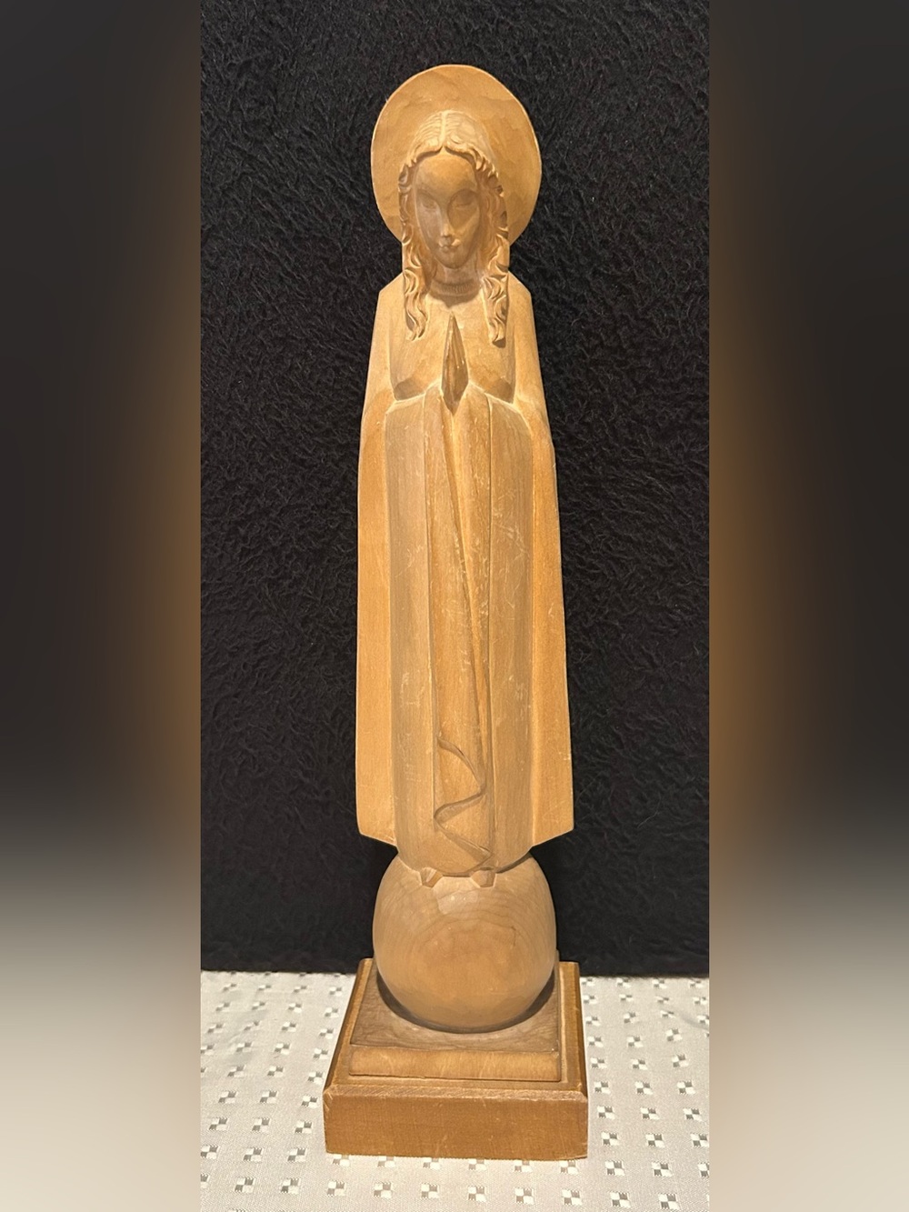 Vintage 80's Hand Carved Blonde Wood 12.5 Madonna Mary Our Lady Praying Statue